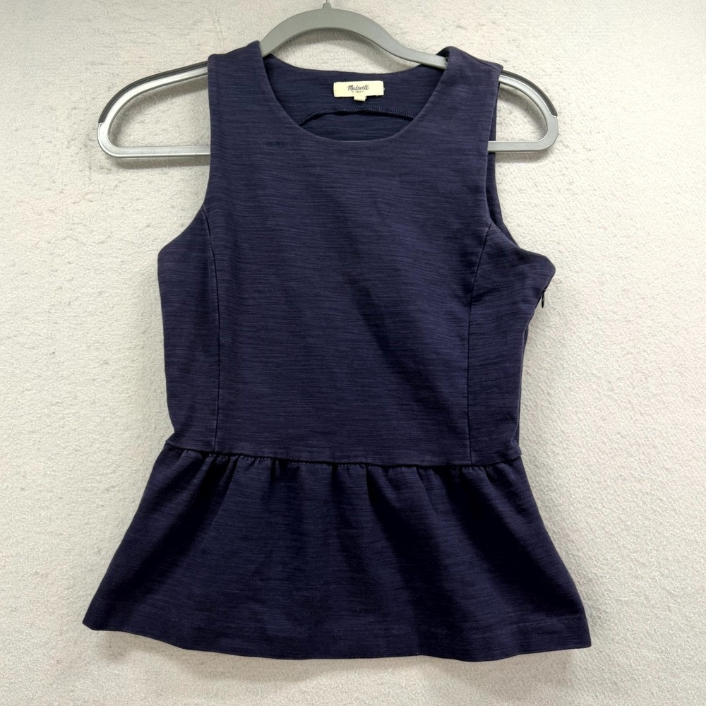 Madewell Peplum Top Women's Small Navy Blue Cotton Stretch Wide‎ Strap Side Zip